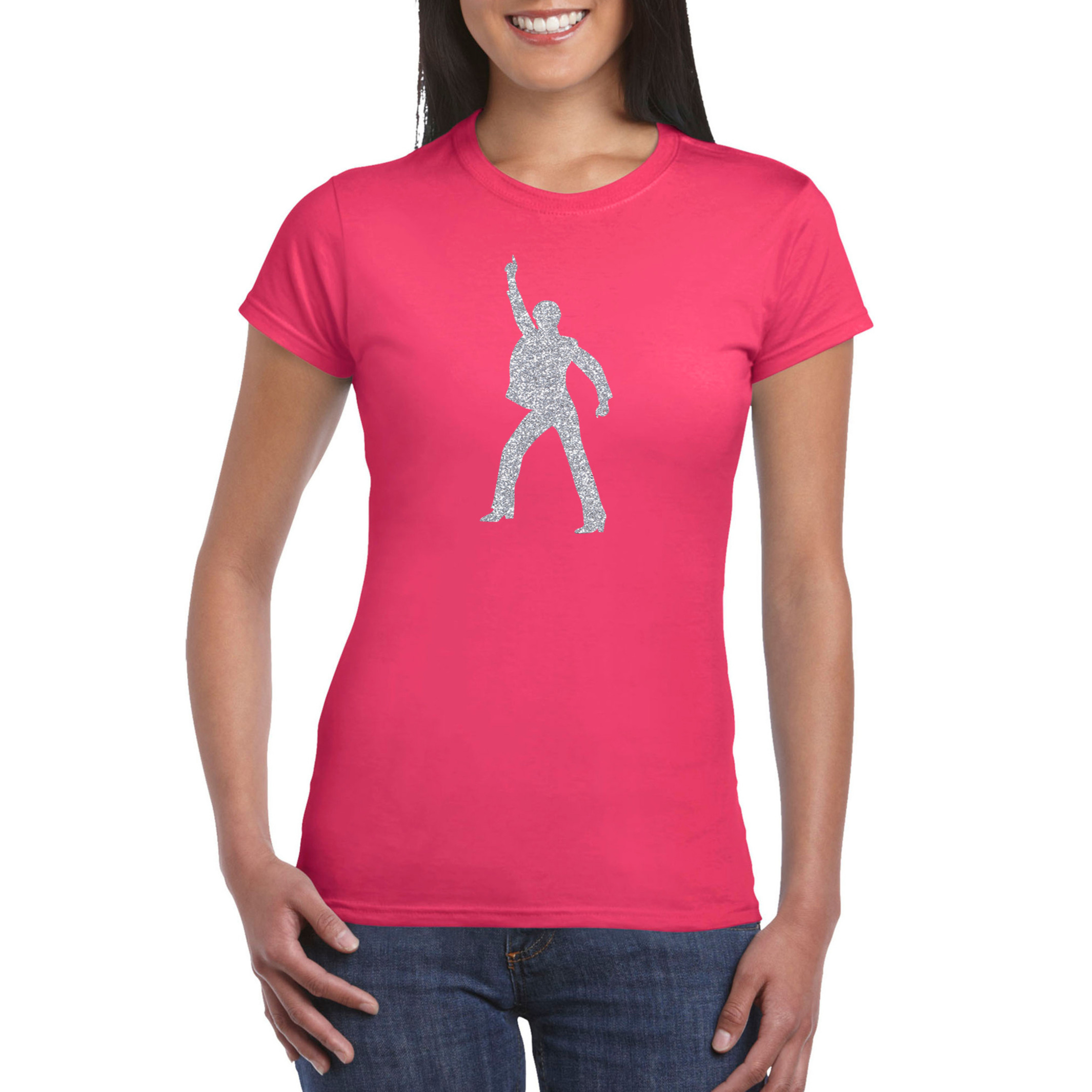 Zilveren disco t-shirt-kleding roze voor dames