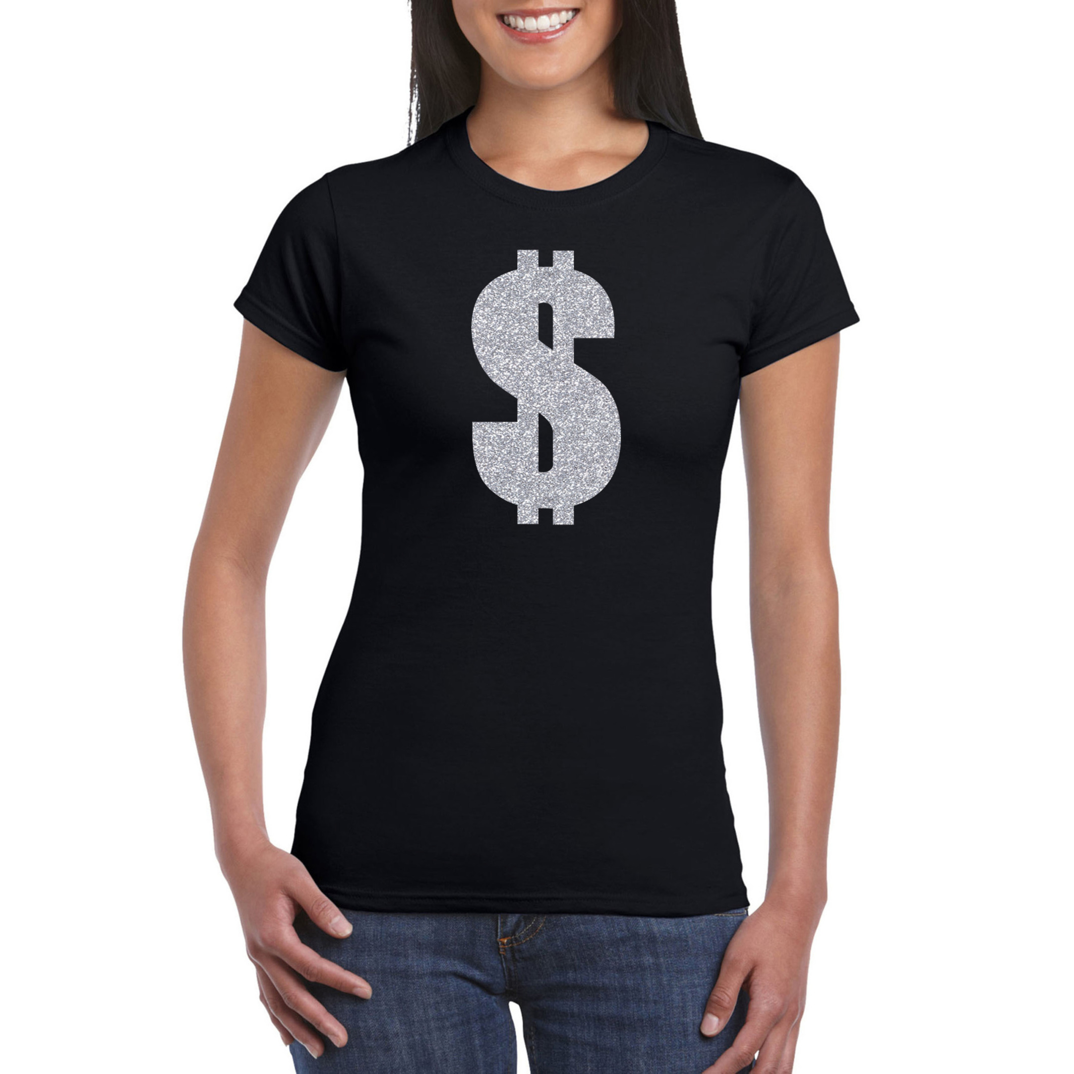 Zilveren dollar-Gangster verkleed t-shirt-kleding zwart dames