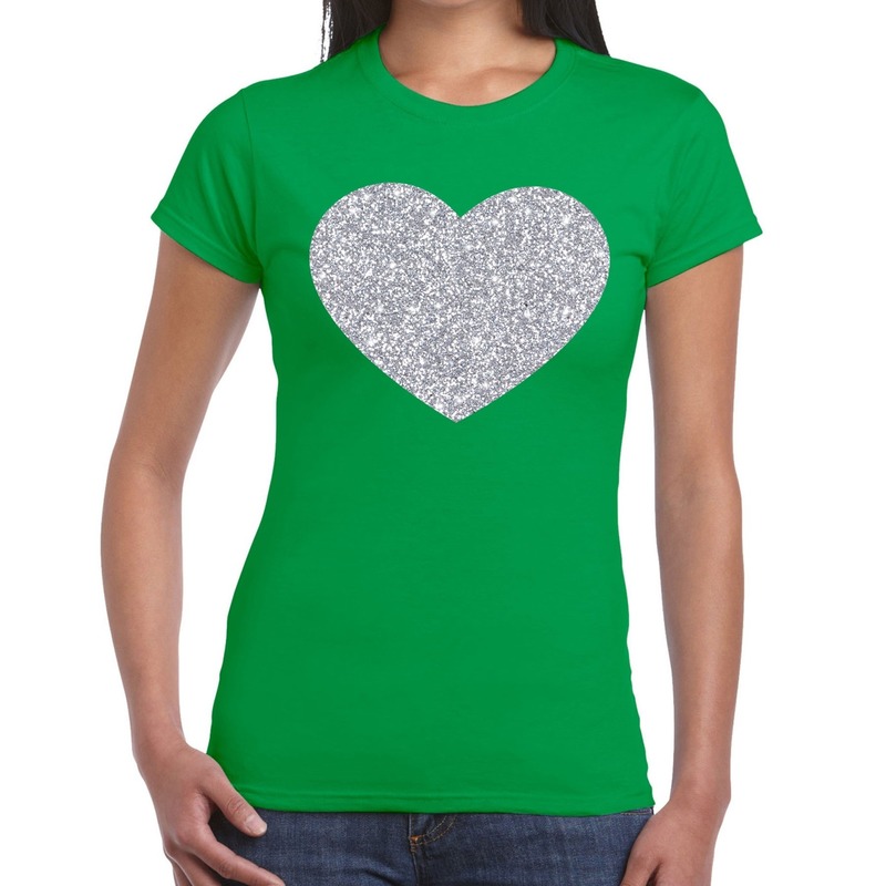 Zilveren hart glitter t-shirt groen dames