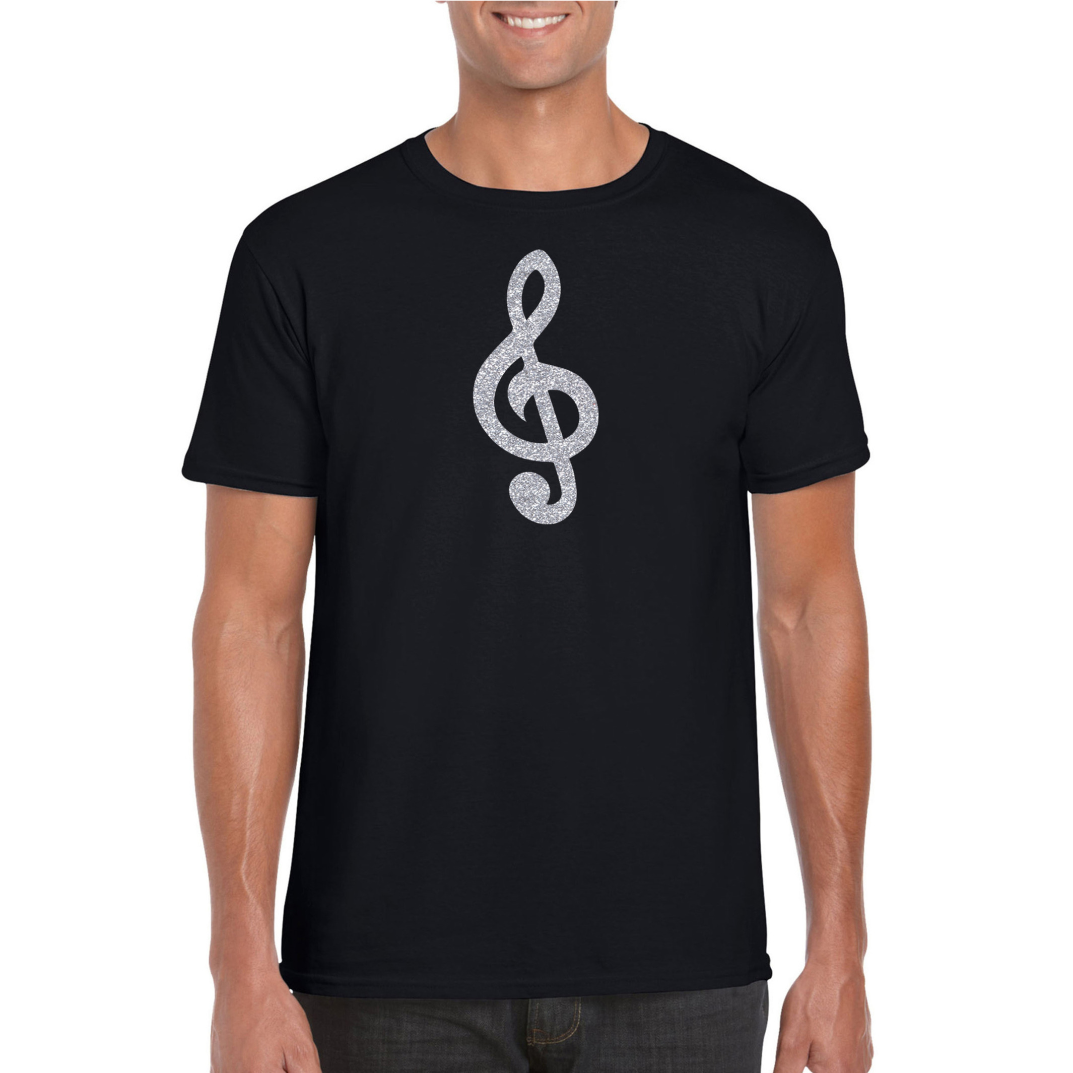 Zilveren muziek noot G-sleutel-muziek feest t-shirt-kleding zwart heren