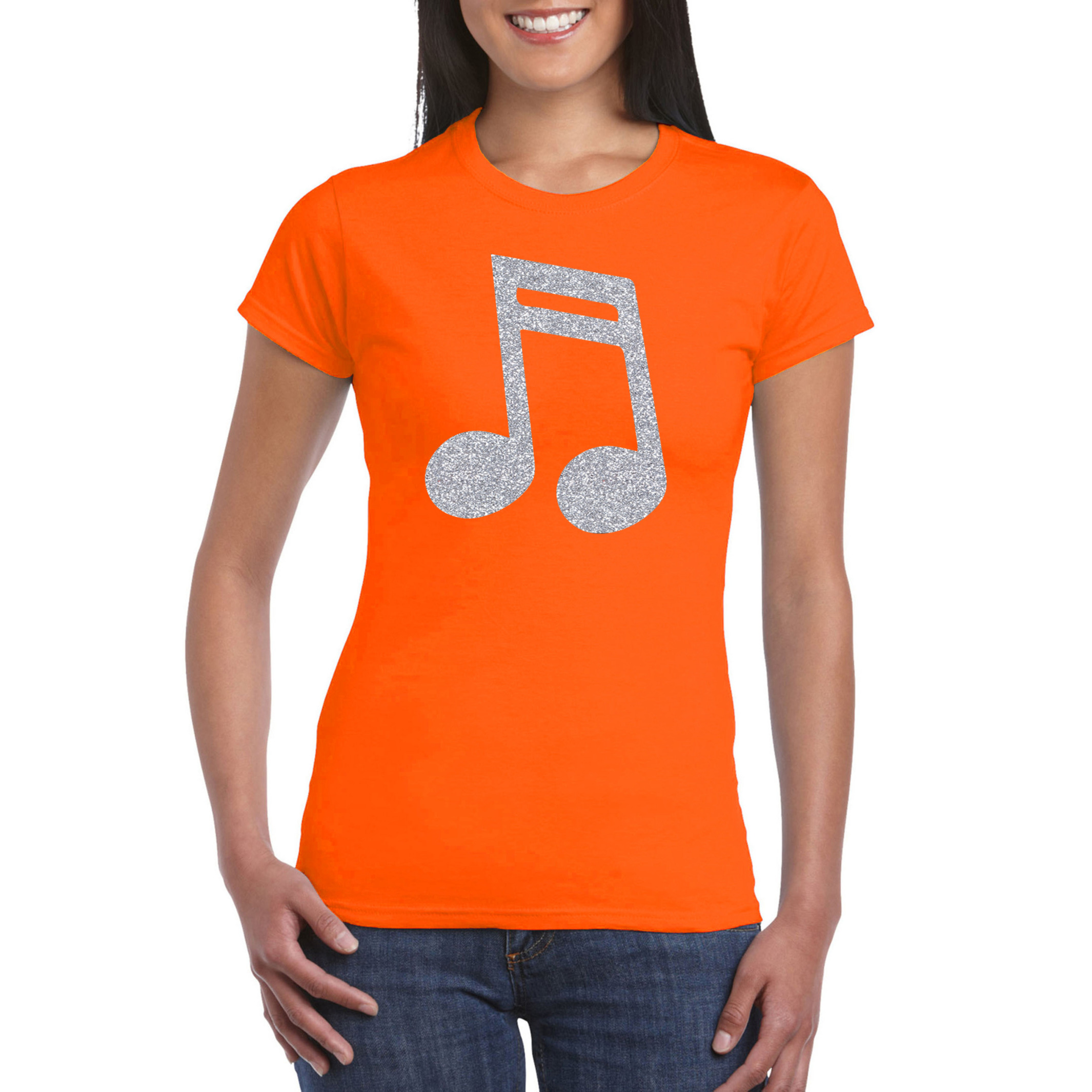 Zilveren muziek noot-muziek feest t-shirt-kleding oranje dames