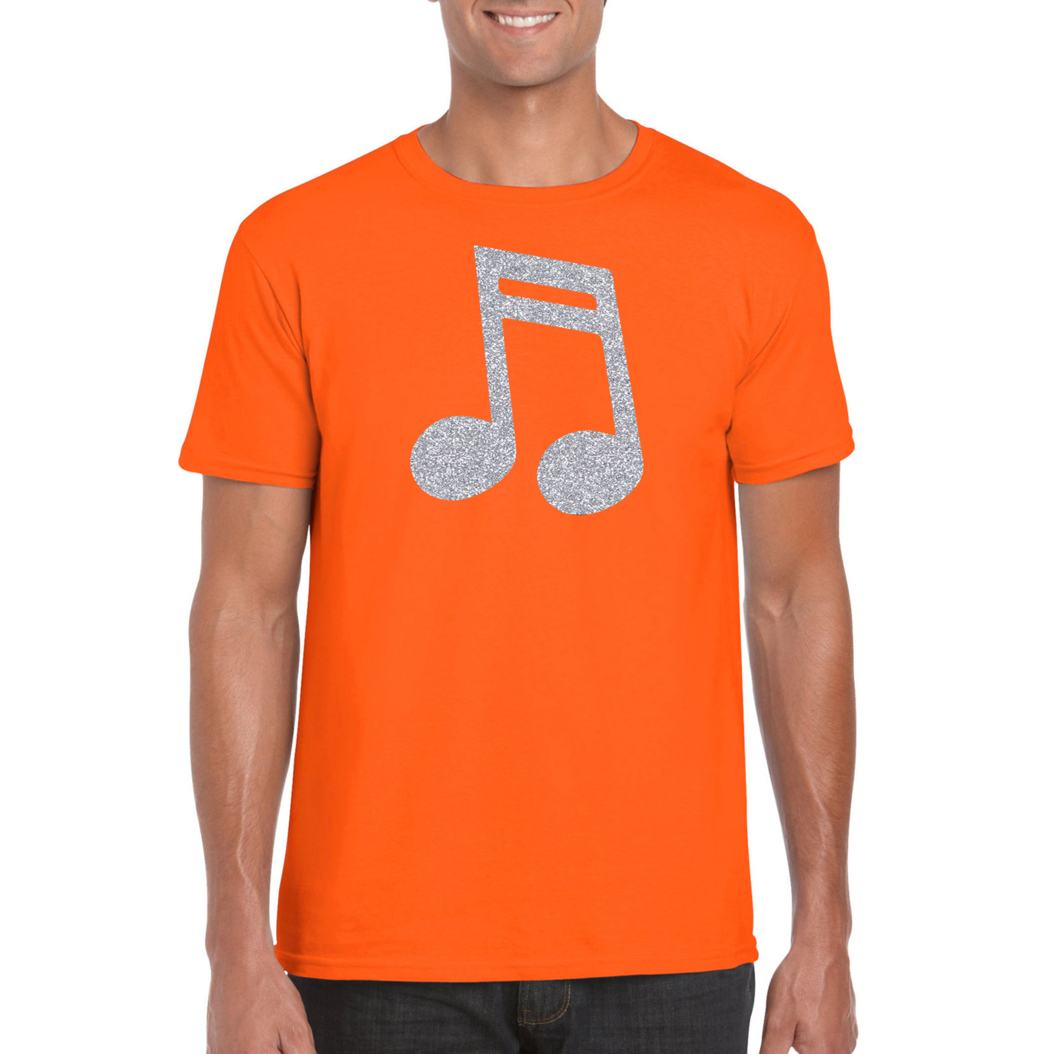 Zilveren muziek noot-muziek feest t-shirt-kleding oranje heren