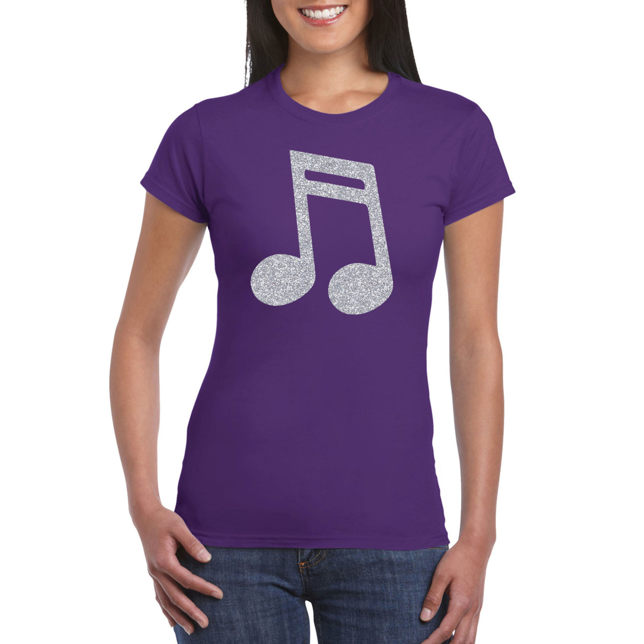 Zilveren muziek noot-muziek feest t-shirt-kleding paars dames
