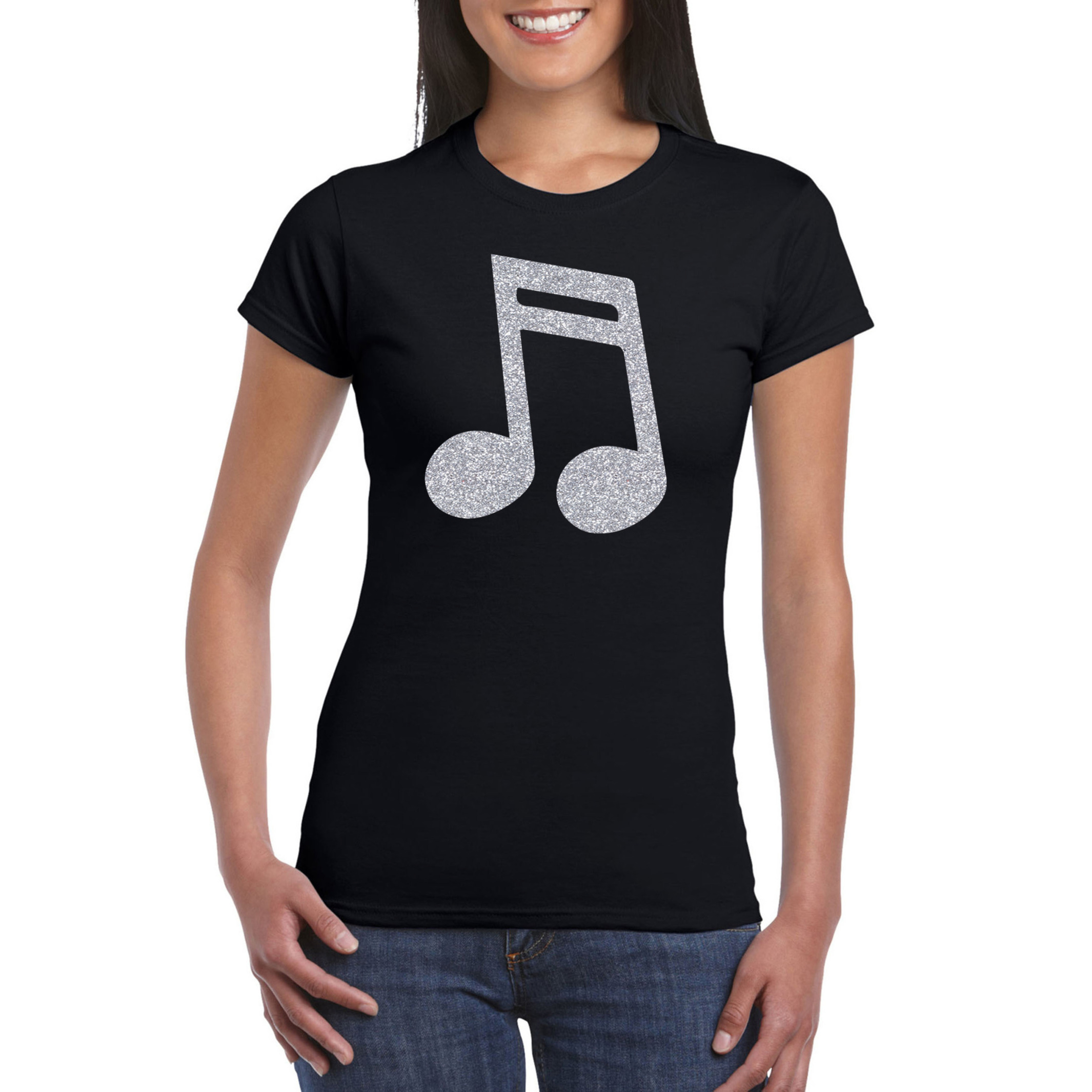 Zilveren muziek noot-muziek feest t-shirt-kleding zwart dames