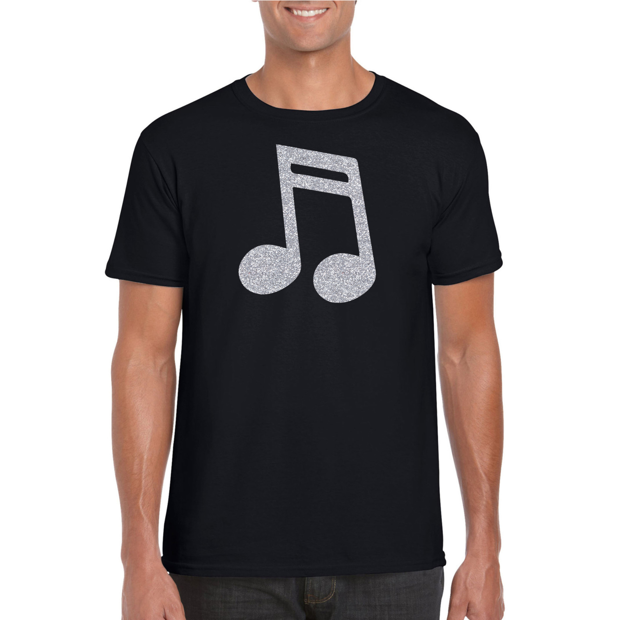 Zilveren muziek noot-muziek feest t-shirt-kleding zwart heren