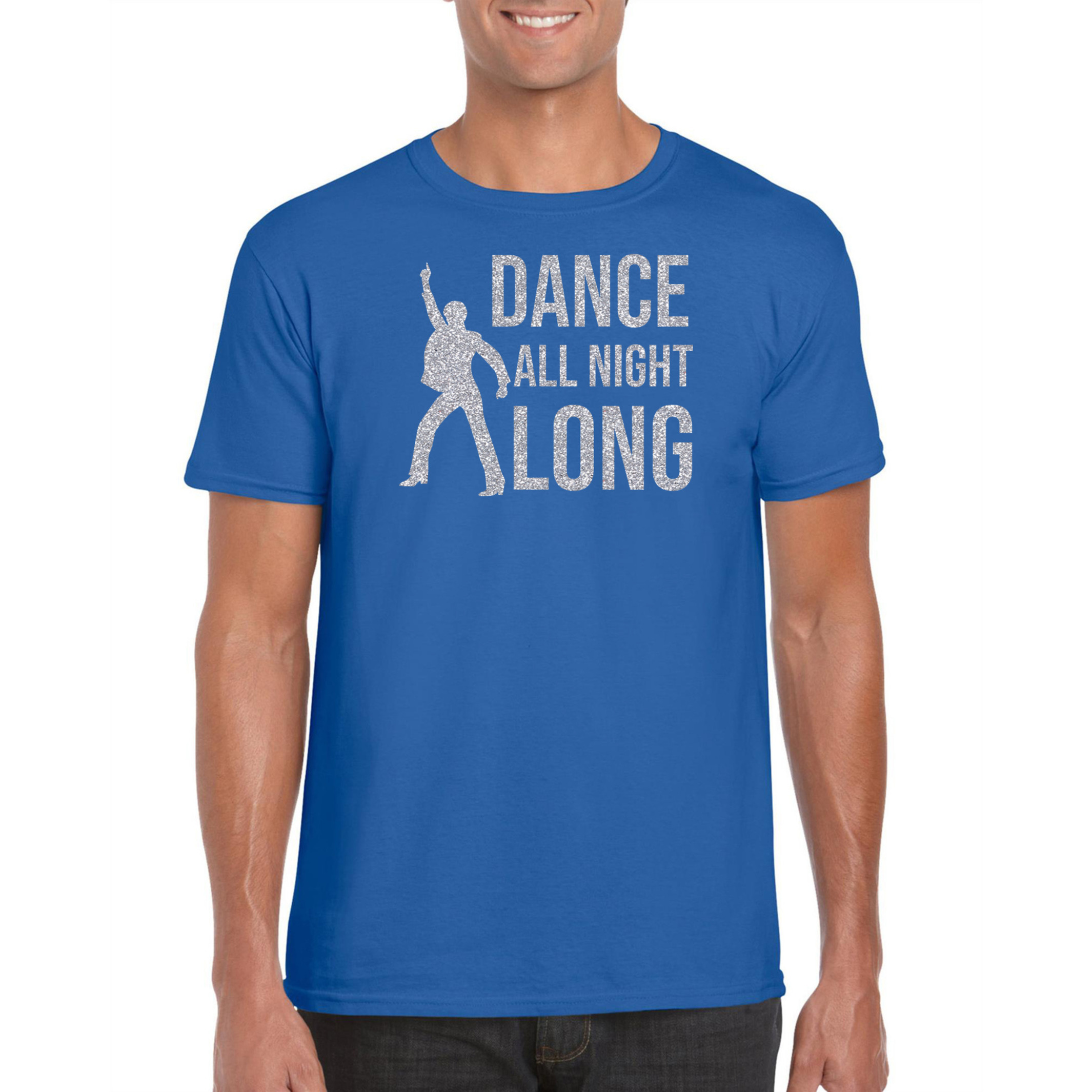 Zilveren muziek t-shirt-shirt Dance all night long blauw heren