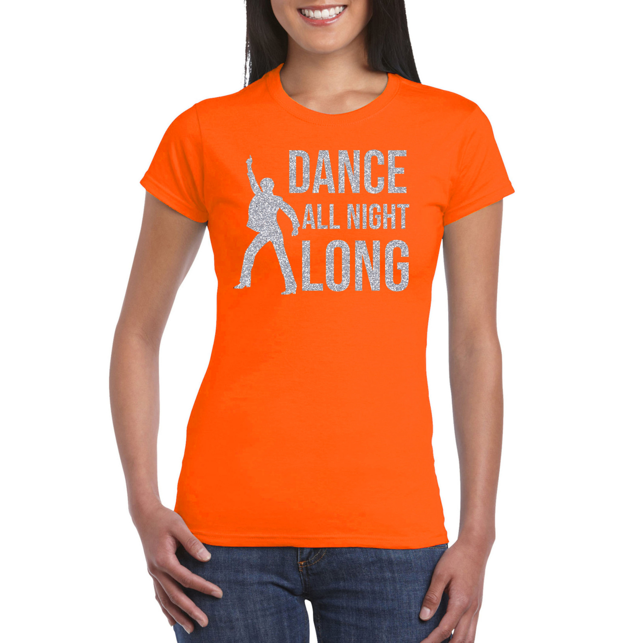 Zilveren muziek t-shirt-shirt Dance all night long oranje dames