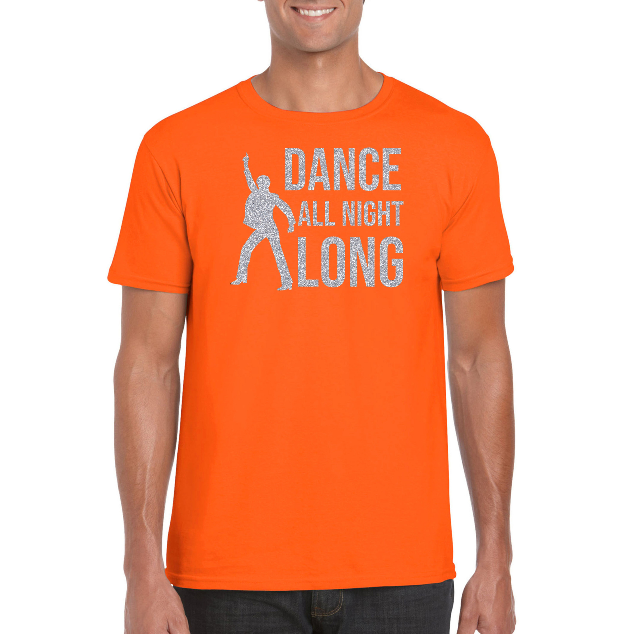 Zilveren muziek t-shirt-shirt Dance all night long oranje heren