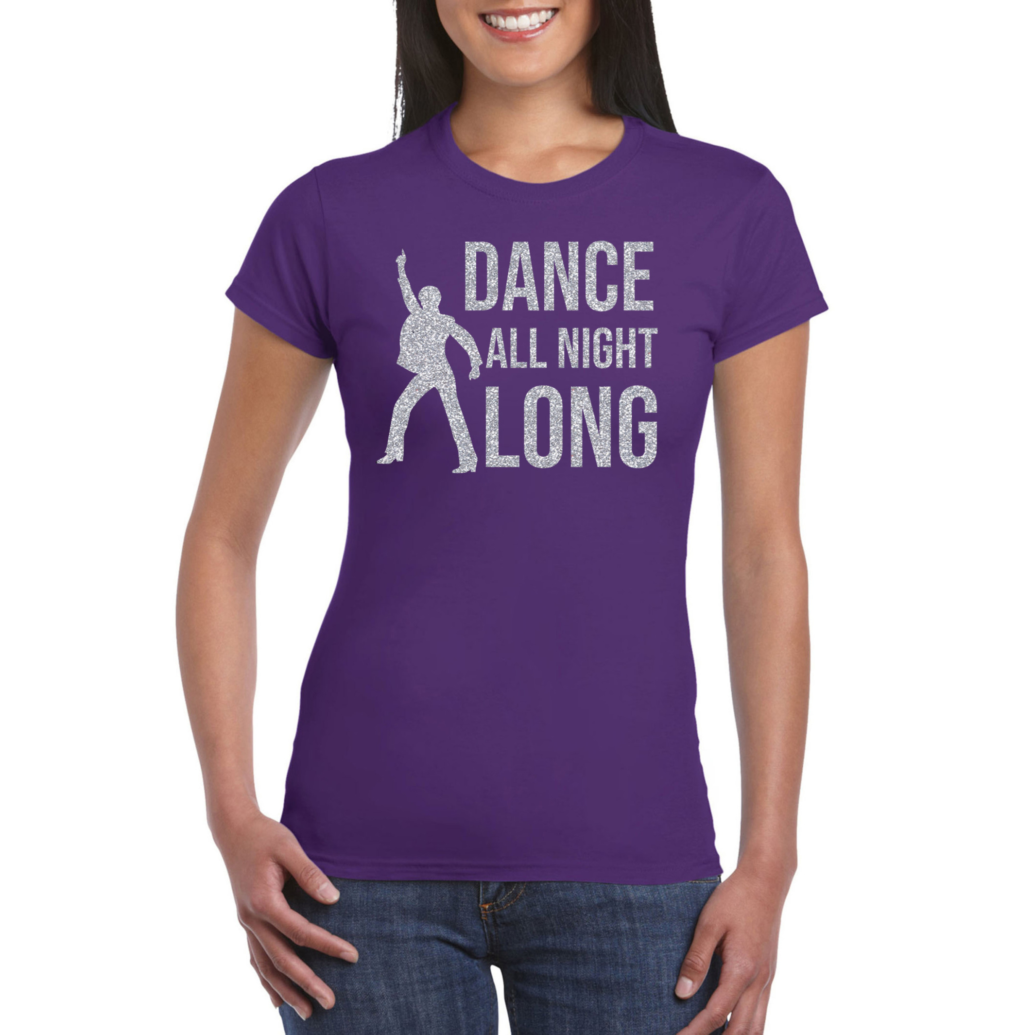 Zilveren muziek t-shirt-shirt Dance all night long paars dames