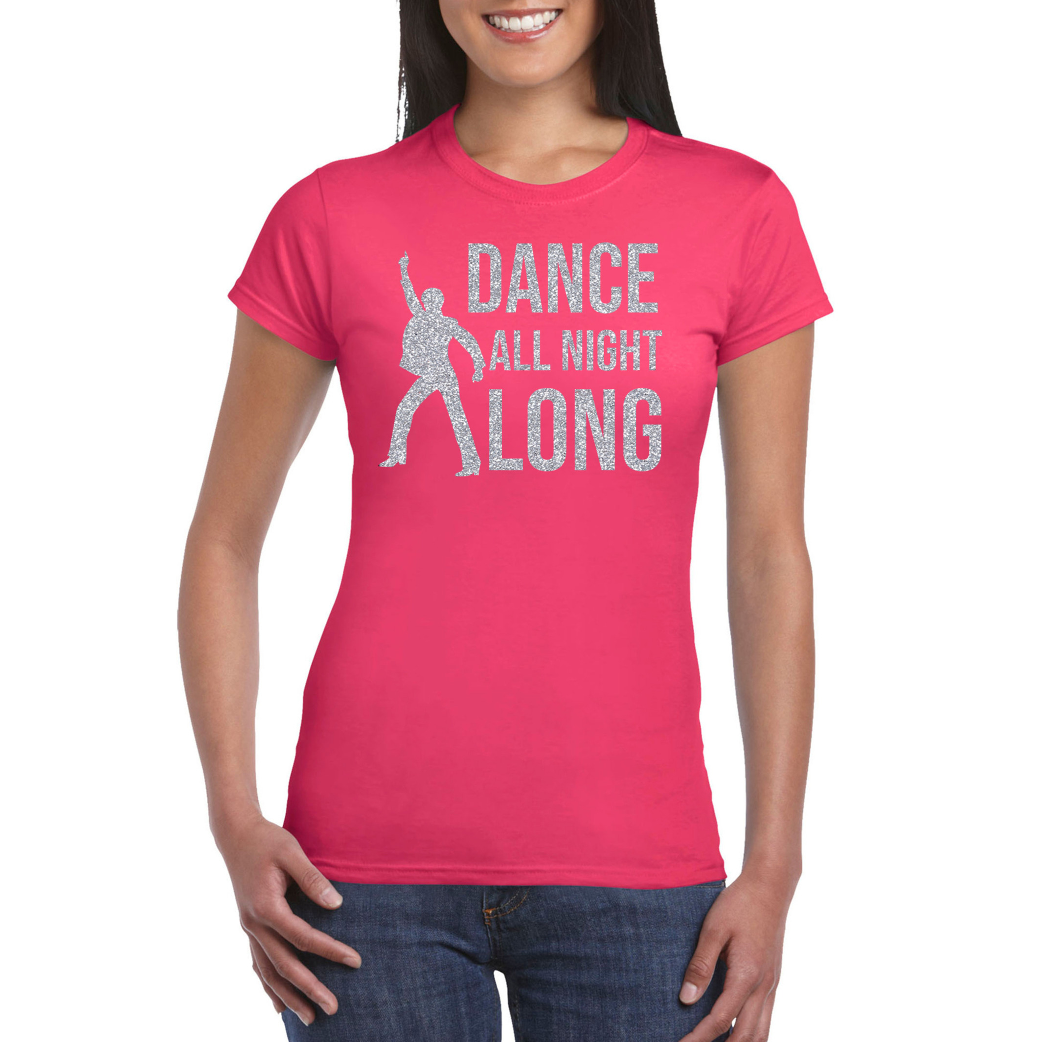 Zilveren muziek t-shirt-shirt Dance all night long roze dames