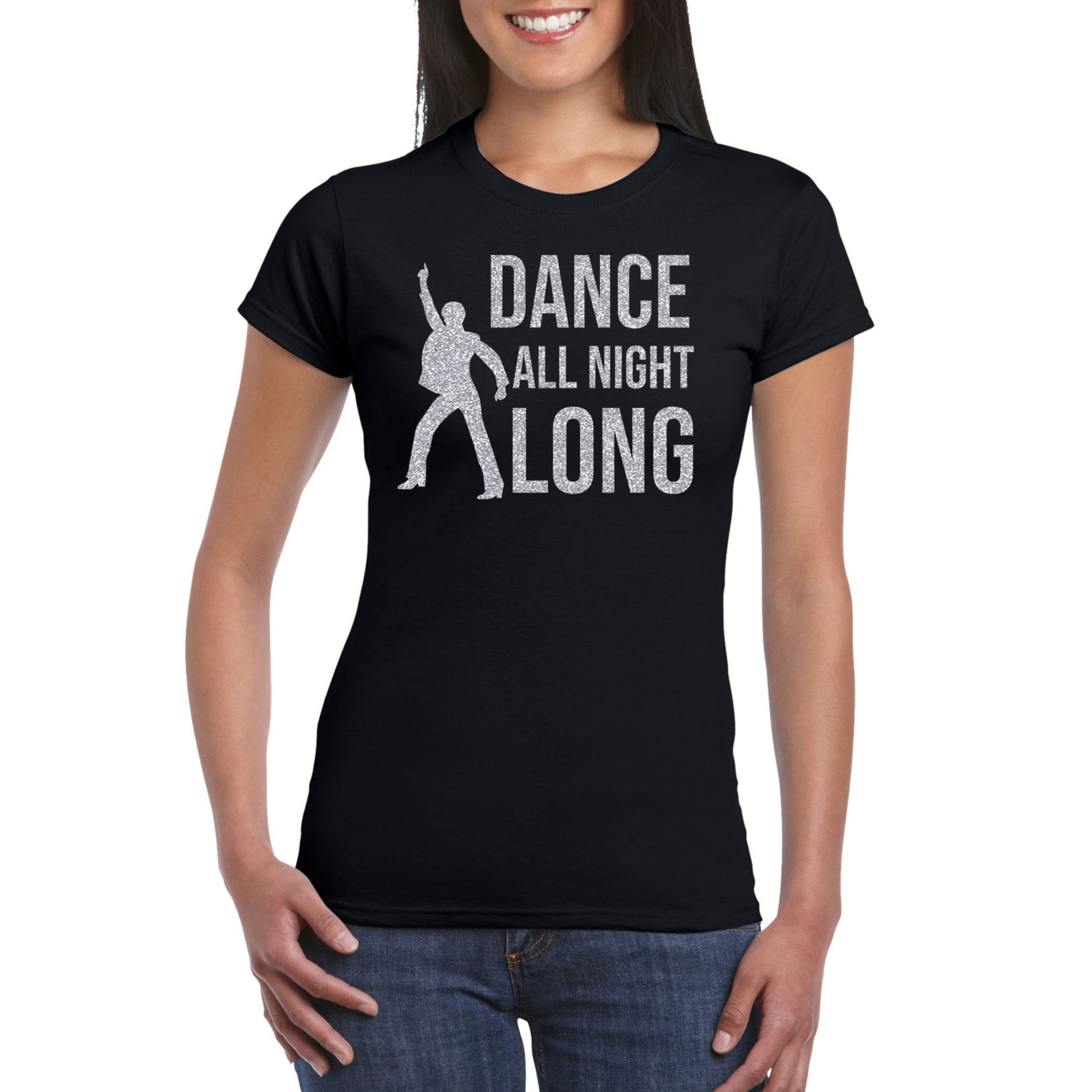 Zilveren muziek t-shirt-shirt Dance all night long zwart dames