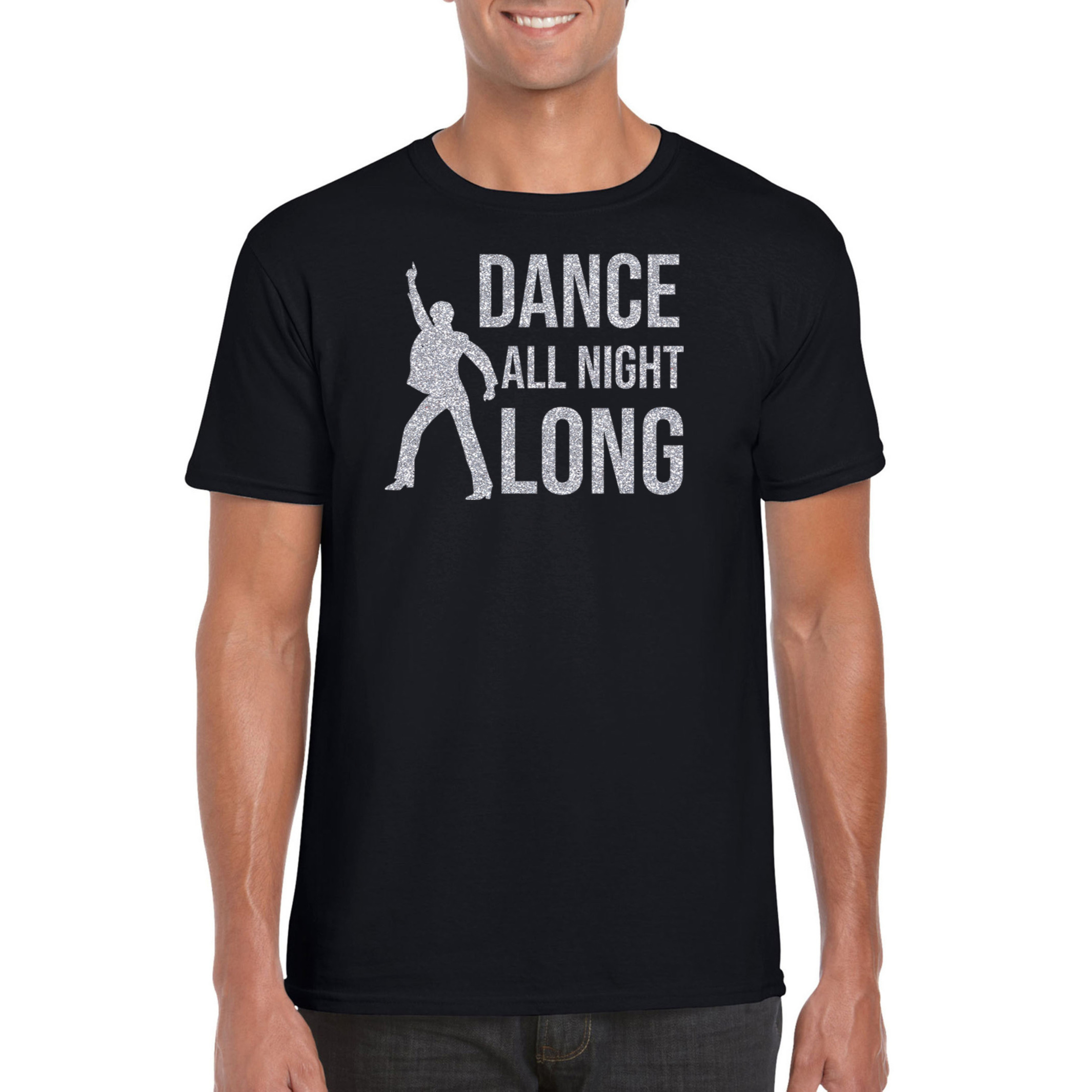 Zilveren muziek t-shirt-shirt Dance all night long zwart heren