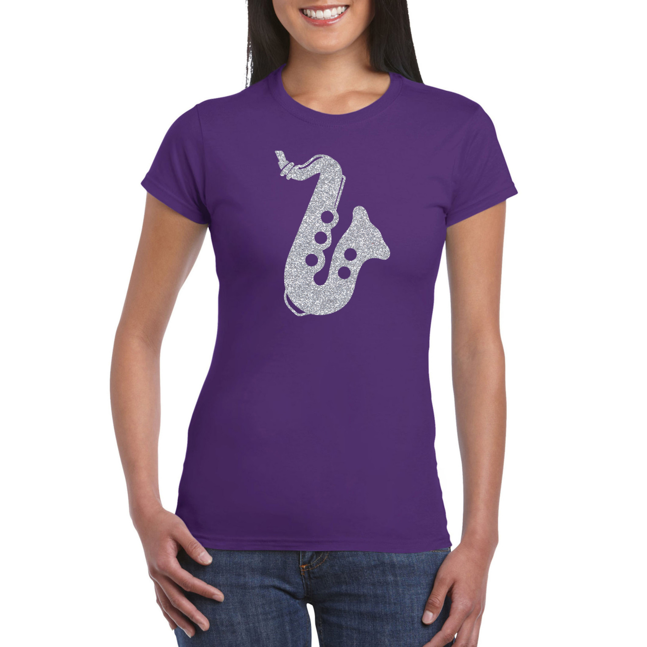 Zilveren saxofoon-muziek t-shirt-kleding paars dames