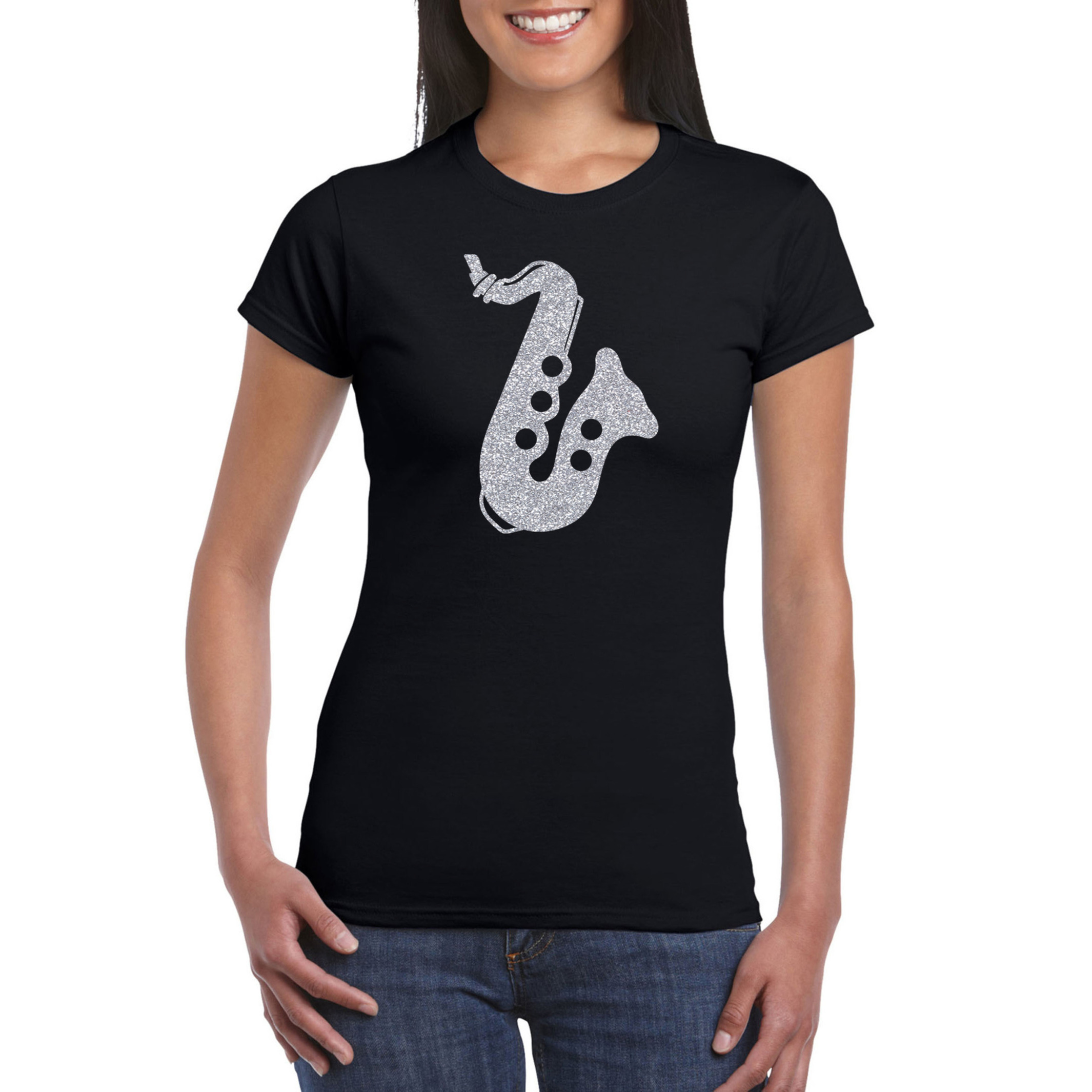 Zilveren saxofoon-muziek t-shirt-kleding zwart dames