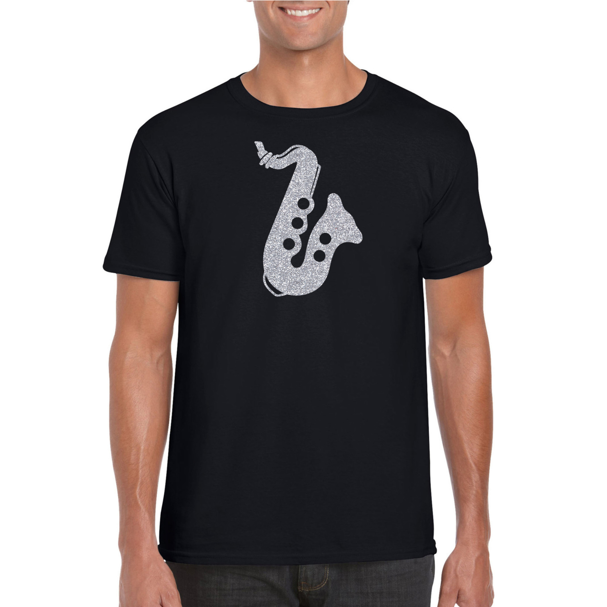 Zilveren saxofoon-muziek t-shirt-kleding zwart heren