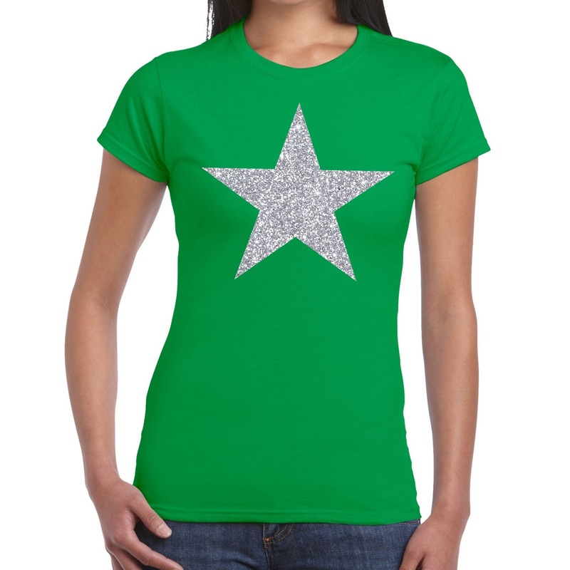 Zilveren ster glitter t-shirt groen dames