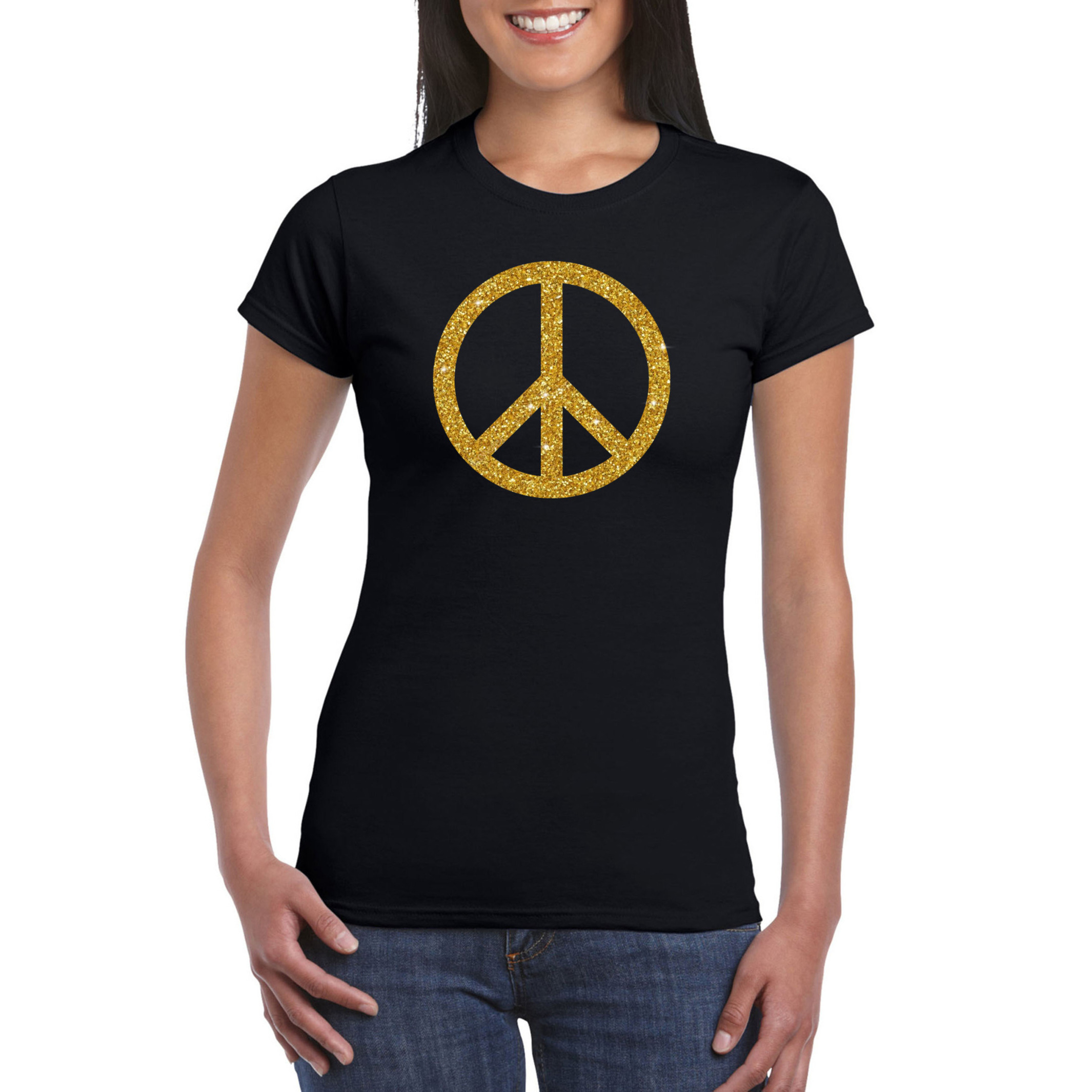 Zwart Flower Power t-shirt gouden glitter peace teken dames