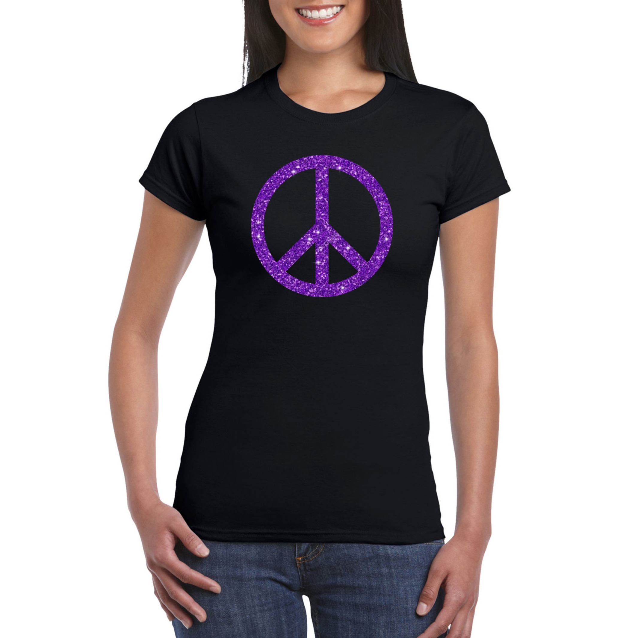 Zwart Flower Power t-shirt paarse glitter peace teken dames