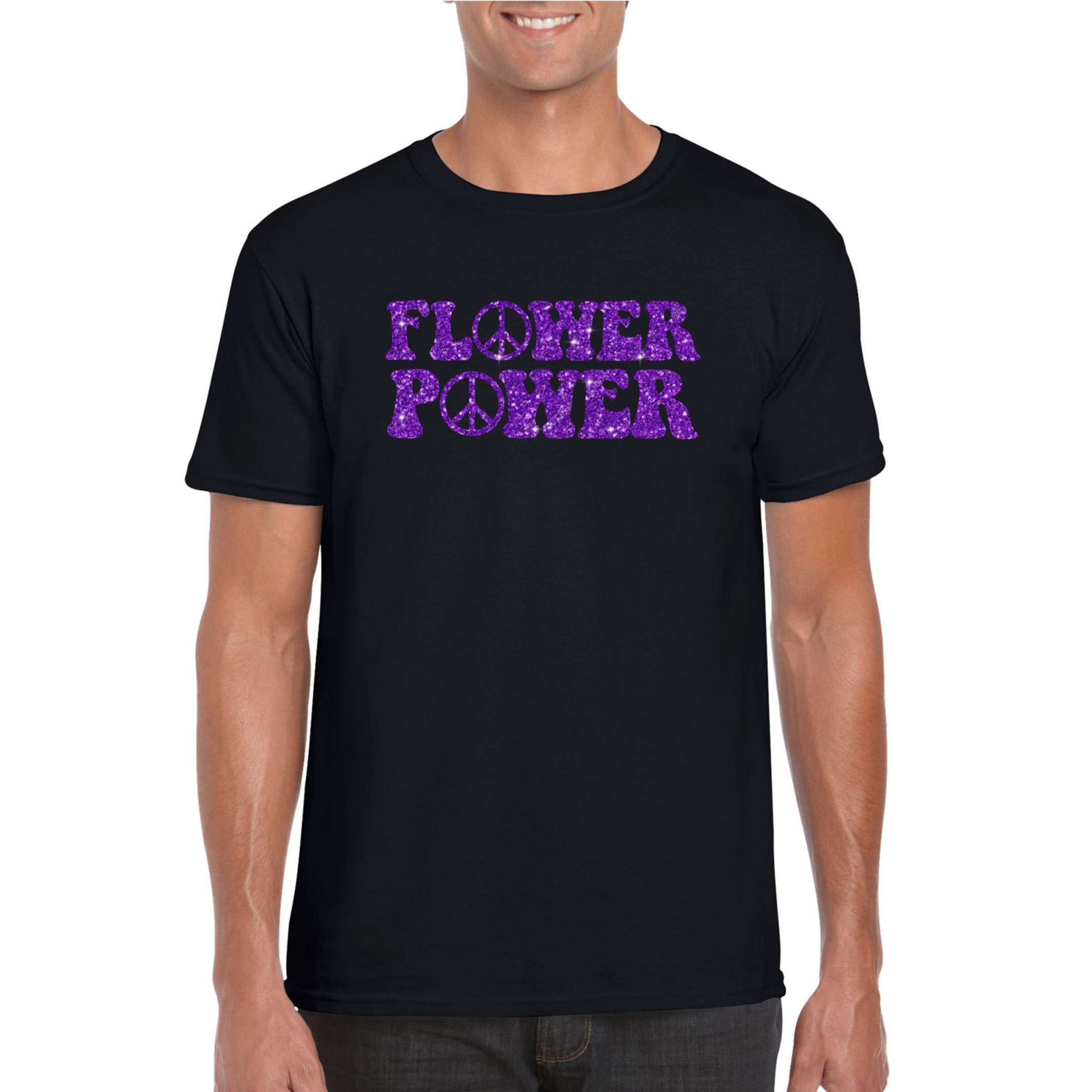 Zwart Flower Power t-shirt peace tekens met paarse letters heren