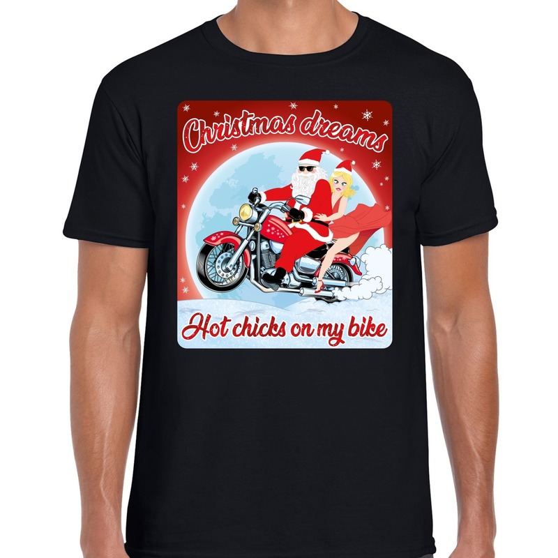 Zwart fout kerstshirt-t-shirt christmas dreams hot chicks on my bike voor motorfans voor heren