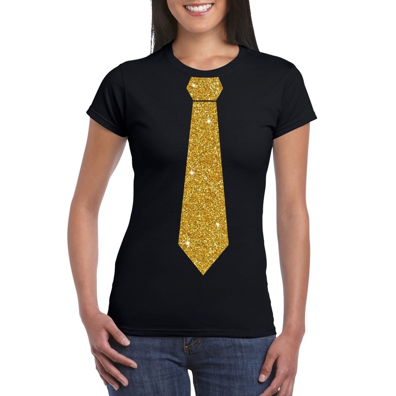Zwart fun t-shirt met stropdas in glitter goud dames