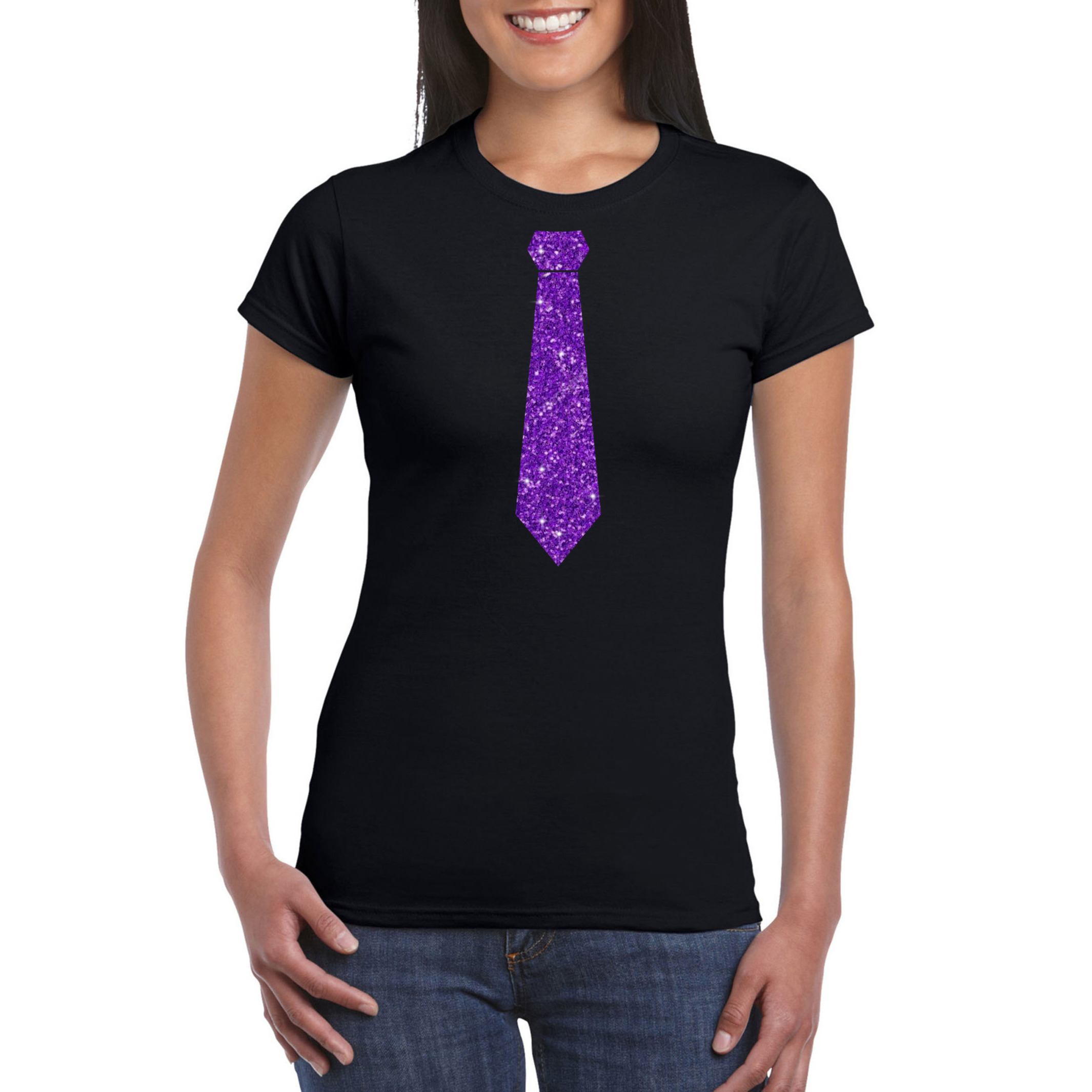 Zwart fun t-shirt stropdas met paarse glitters dames