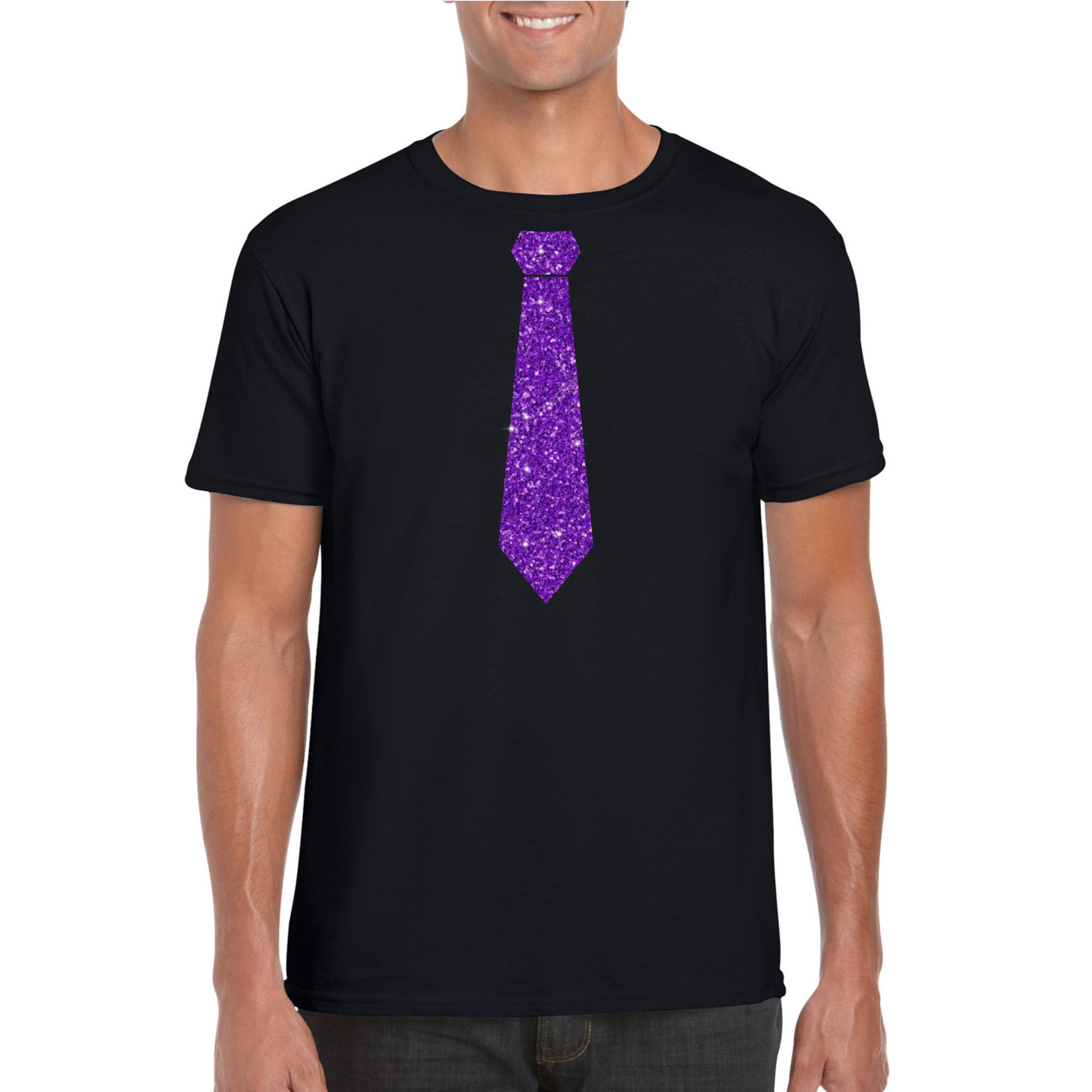 Zwart fun t-shirt stropdas met paarse glitters heren