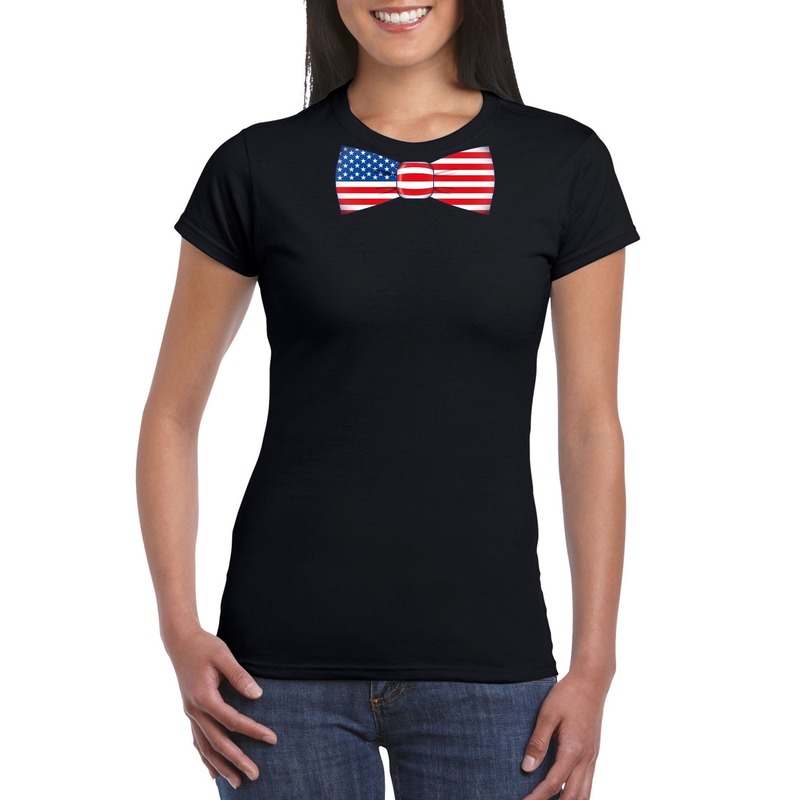 Zwart t-shirt met Amerika vlag strikje dames