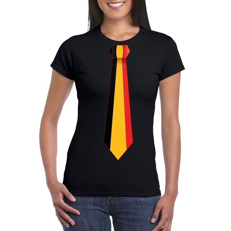 Zwart t-shirt met Belgie vlag stropdas dames
