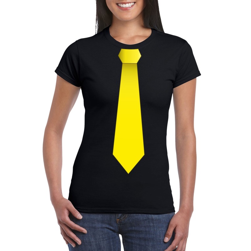 Zwart t-shirt met gele stropdas dames