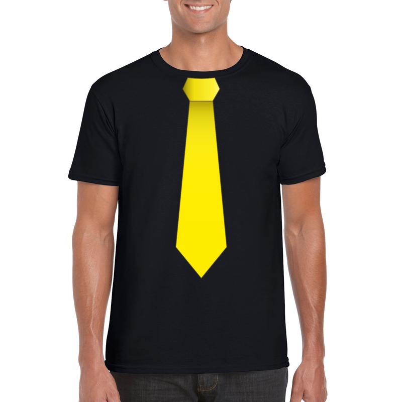 Zwart t-shirt met gele stropdas heren