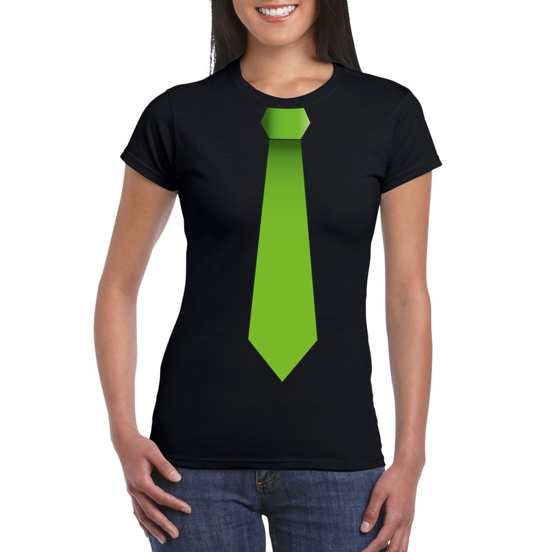 Zwart t-shirt met groene stropdas dames