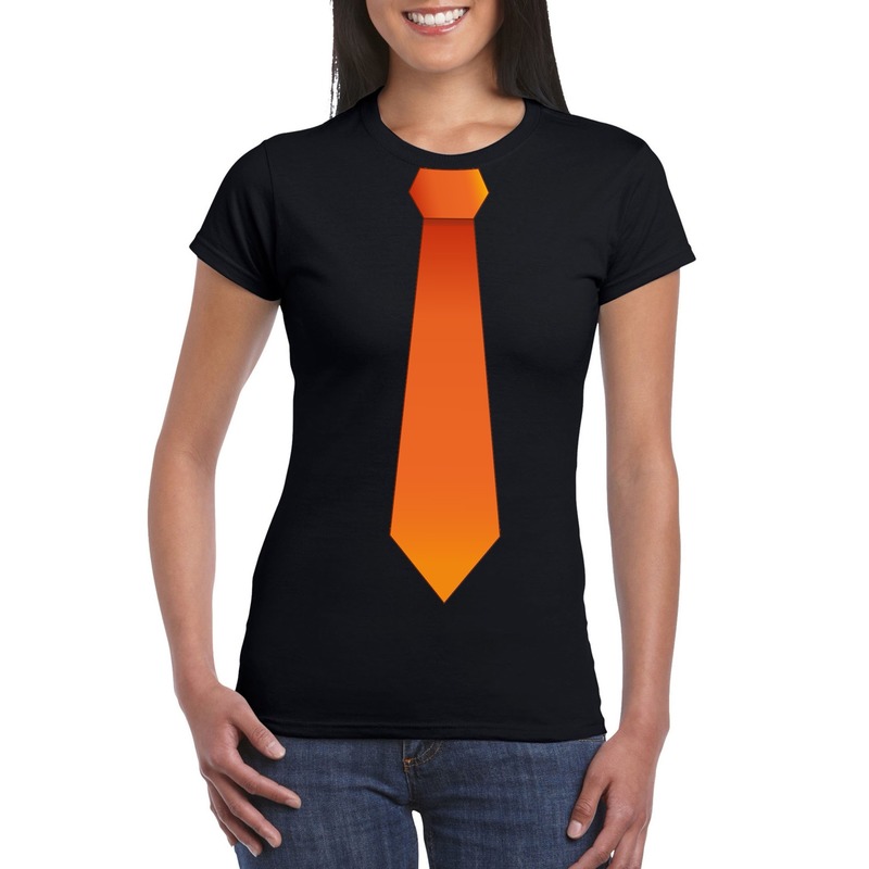 Zwart t-shirt met oranje stropdas dames