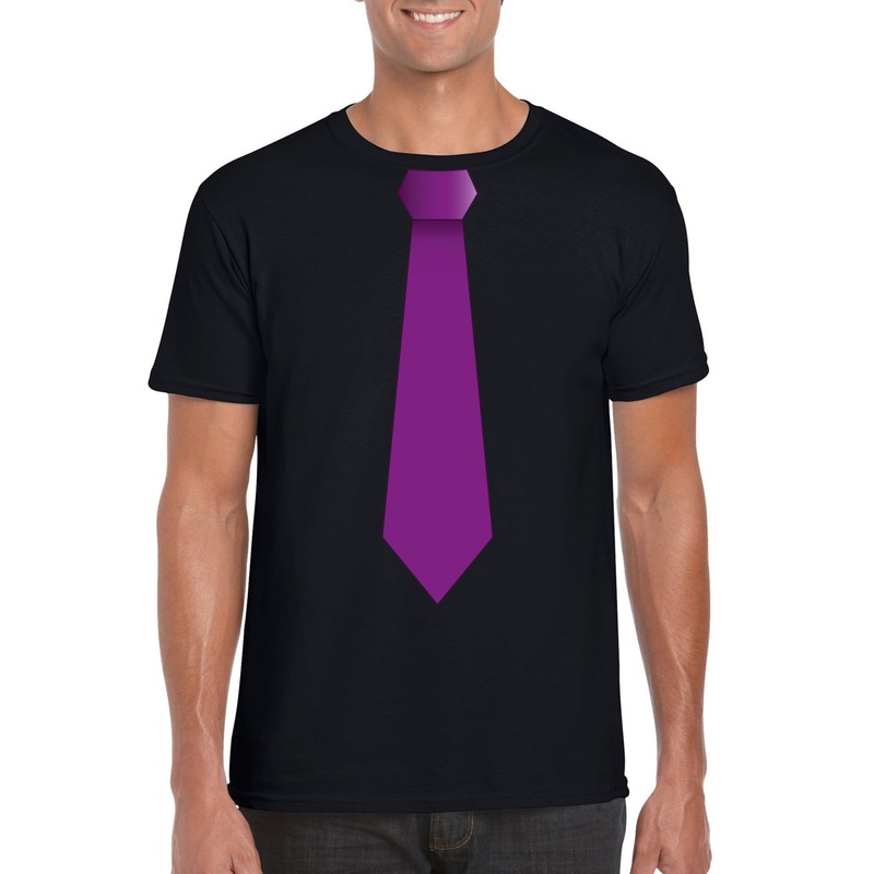 Zwart t-shirt met paarse stropdas heren