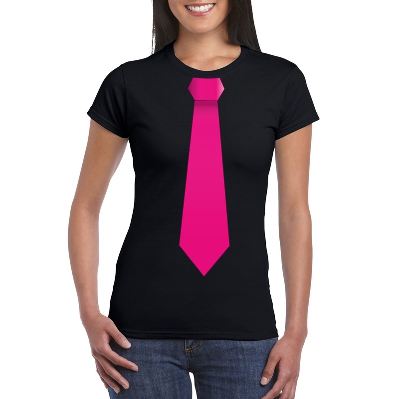 Zwart t-shirt met roze stropdas dames