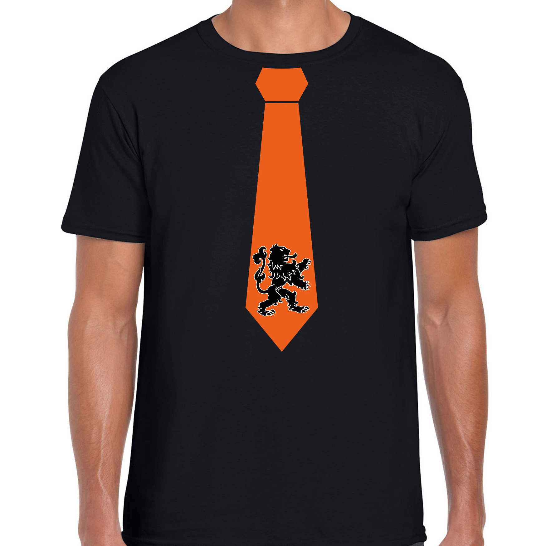 Zwart t-shirt oranje leeuw stropdas Holland-Nederland supporter EK- WK voor heren