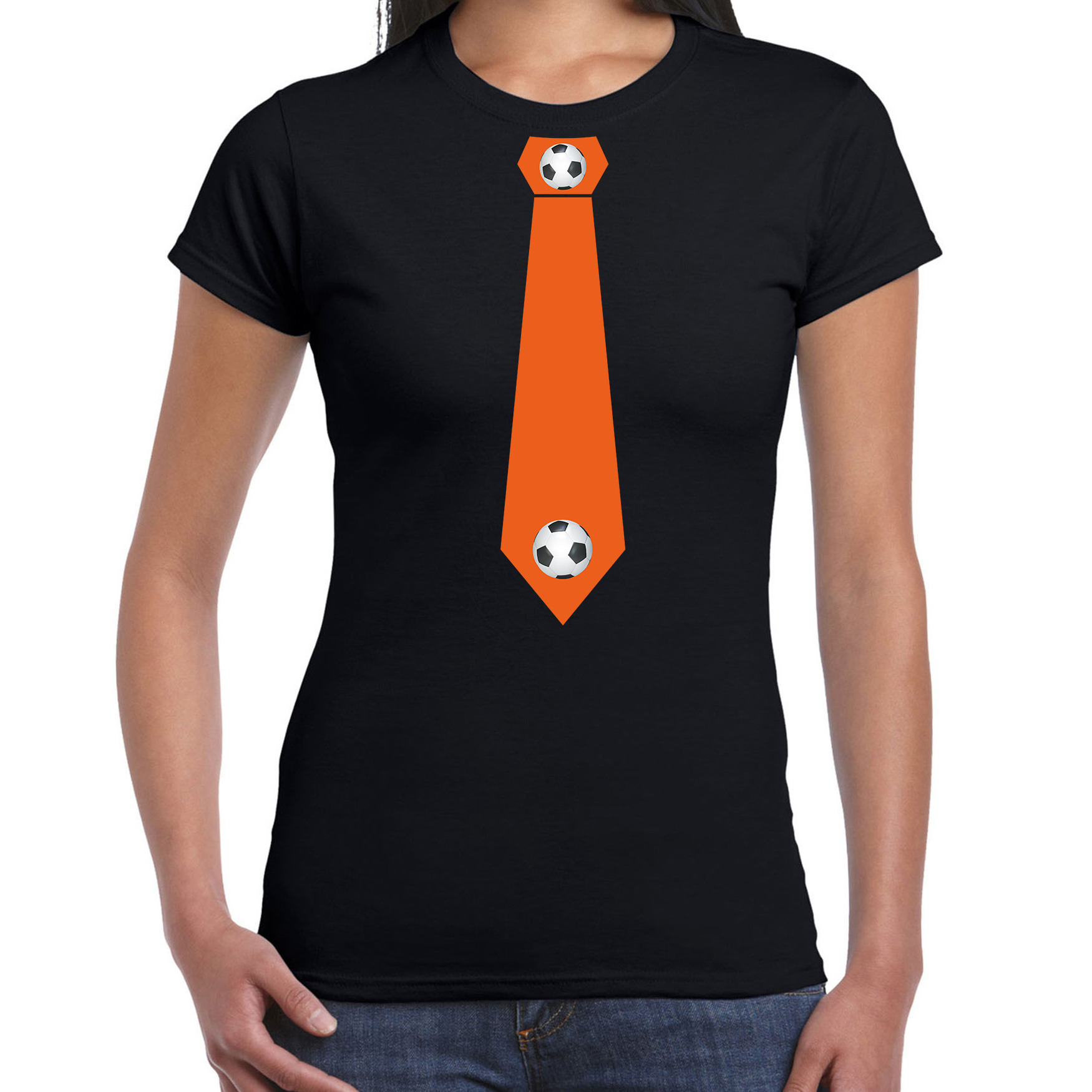 Zwart t-shirt oranje voetbal stropdas voor dames Holland-Nederland supporter shirt EK- WK