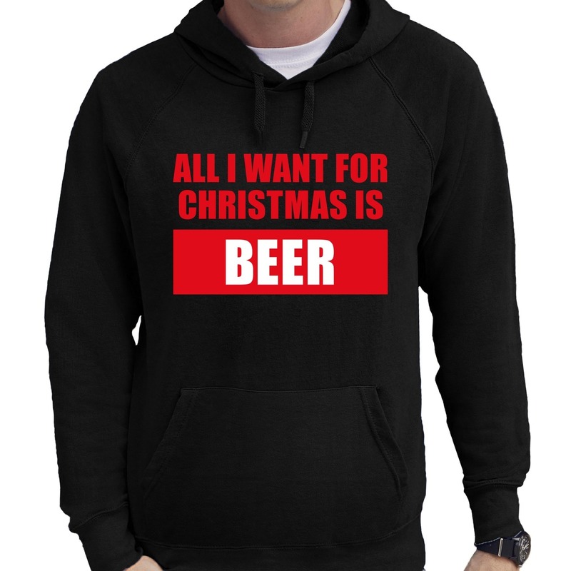 Zwarte foute kersthoodie-hooded sweater all i want for christmas is beer voor heren