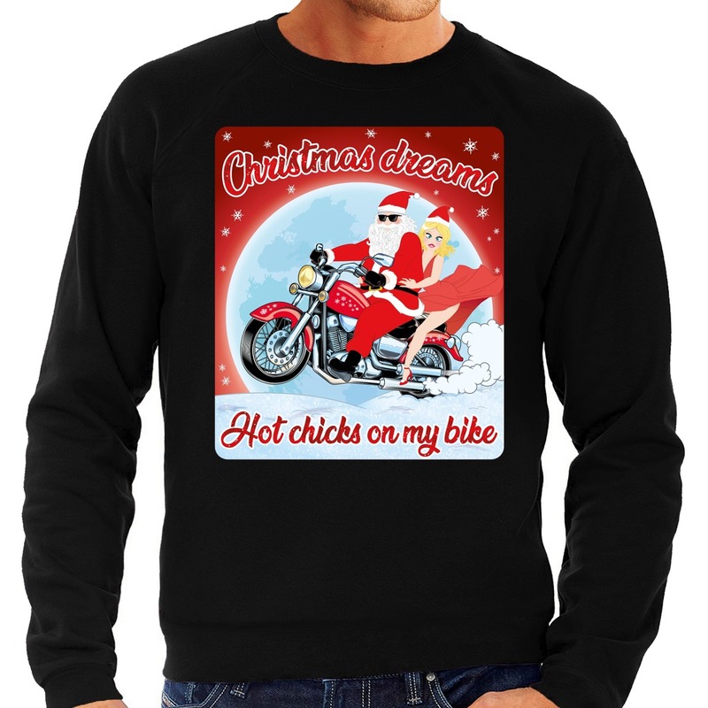 Zwarte foute kersttrui-sweater christmas dreams hot chicks on my bike voor motorfans voor heren