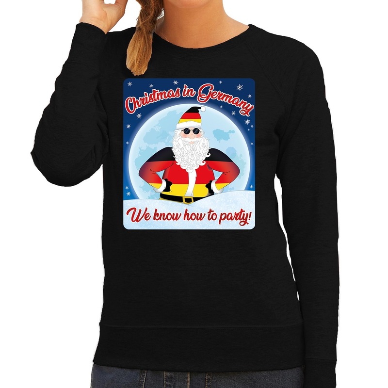 Zwarte foute kersttrui-sweater Christmas in Germany we know how to party voor dames