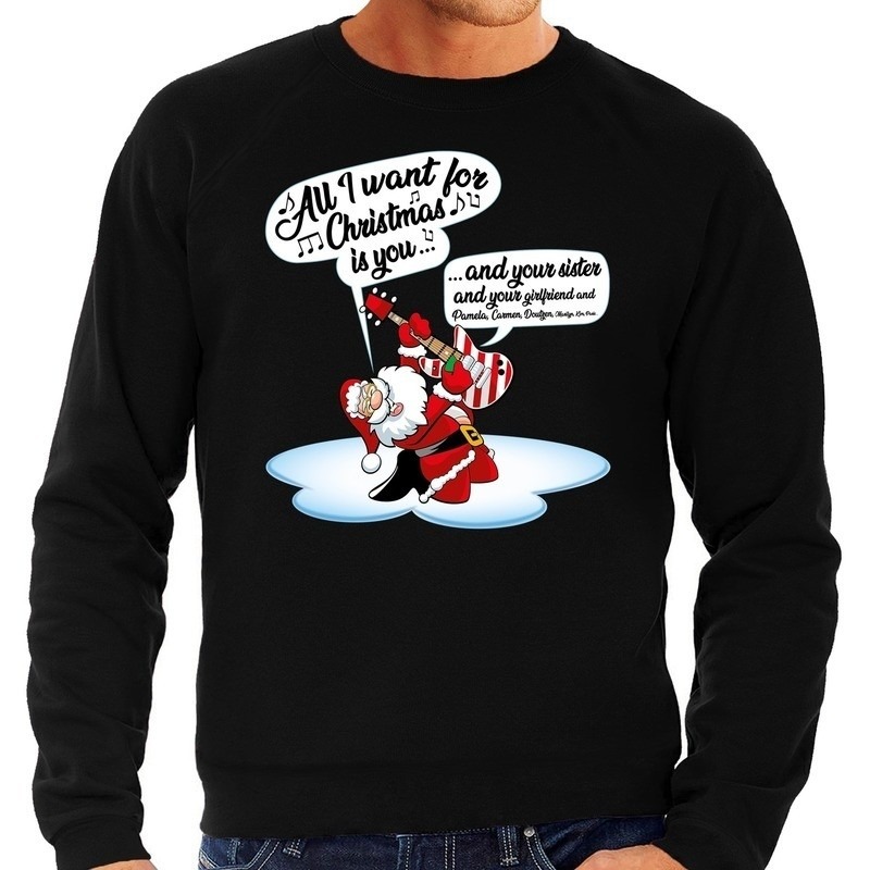 Zwarte foute kersttrui-sweater Kerstman die gitaar speelt en zingt voor heren