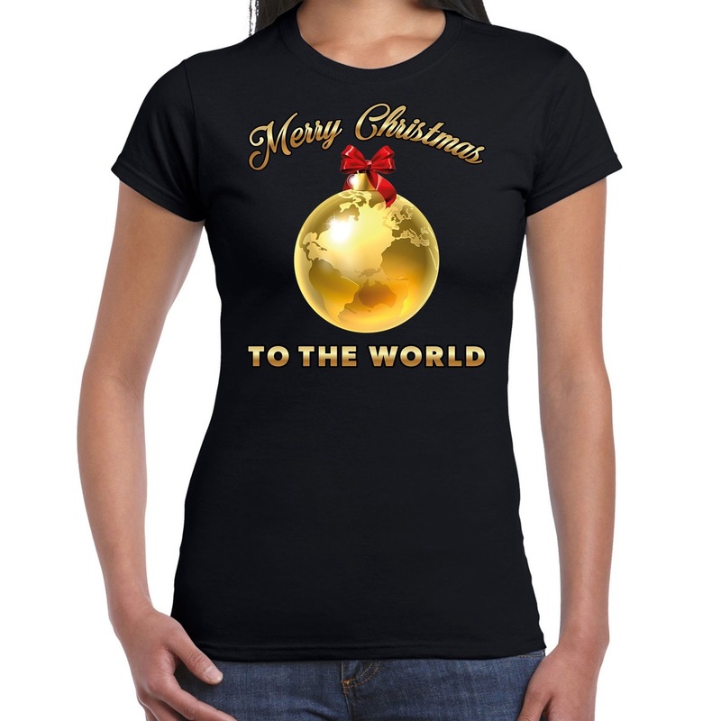 Zwarte foute t-shirt Merry Christmas to the world gouden wereldbol voor dames