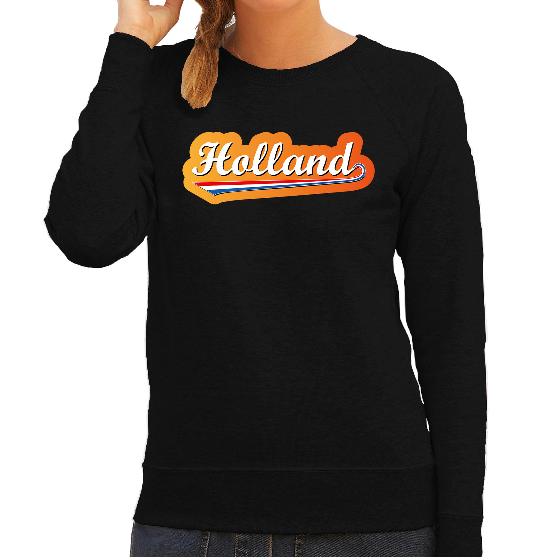 Zwarte sweater-trui Holland-Nederland supporter Holland met Nederlandse wimpel EK- WK voor dames