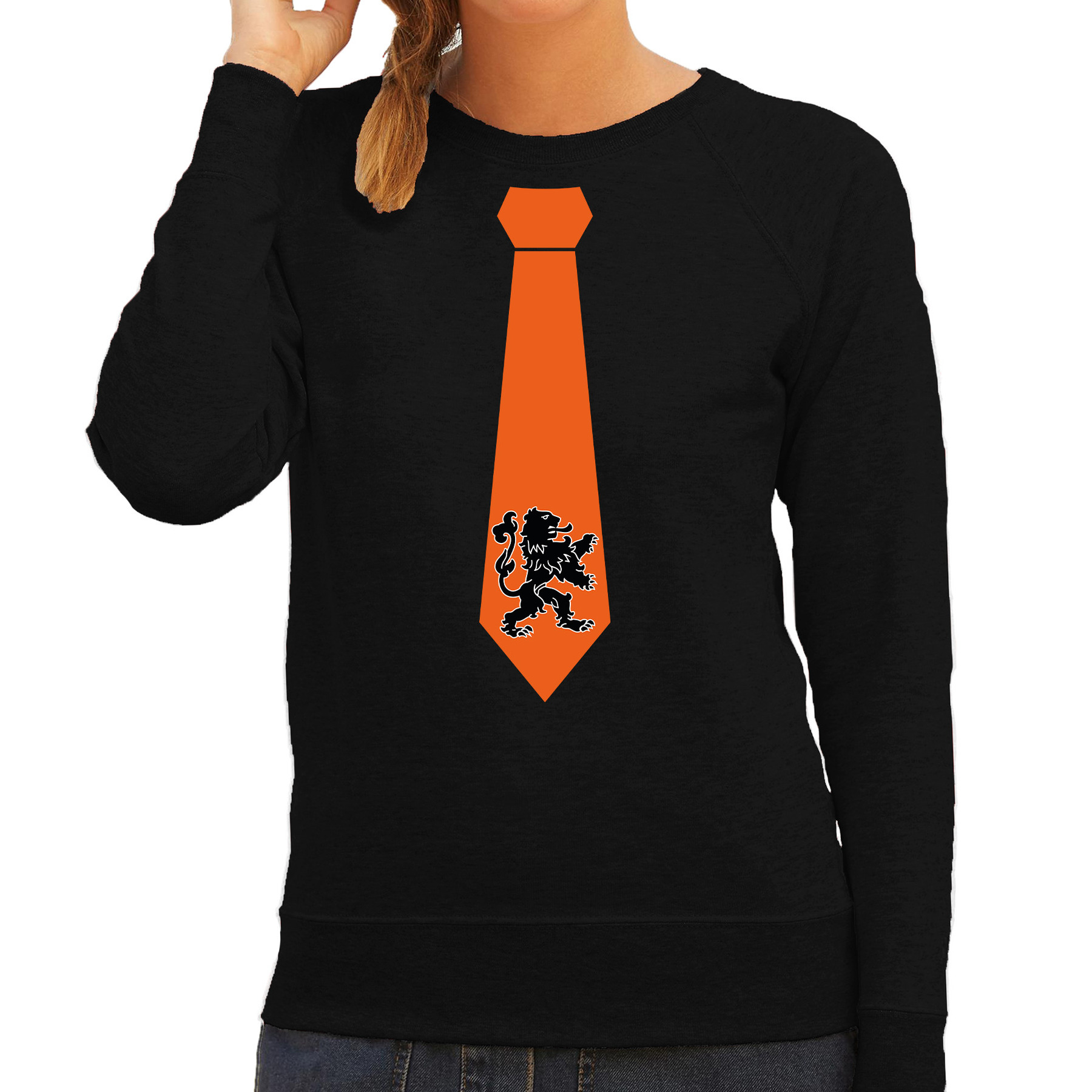Zwarte sweater-trui Holland-Nederland supporter oranje leeuw stropdas EK- WK voor dames
