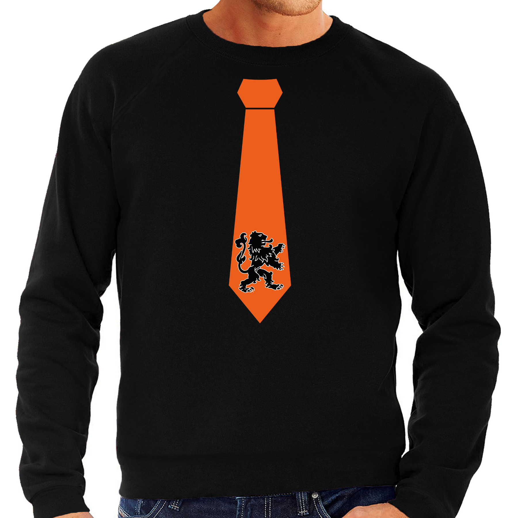 Zwarte sweater-trui Holland-Nederland supporter oranje leeuw stropdas EK- WK voor heren