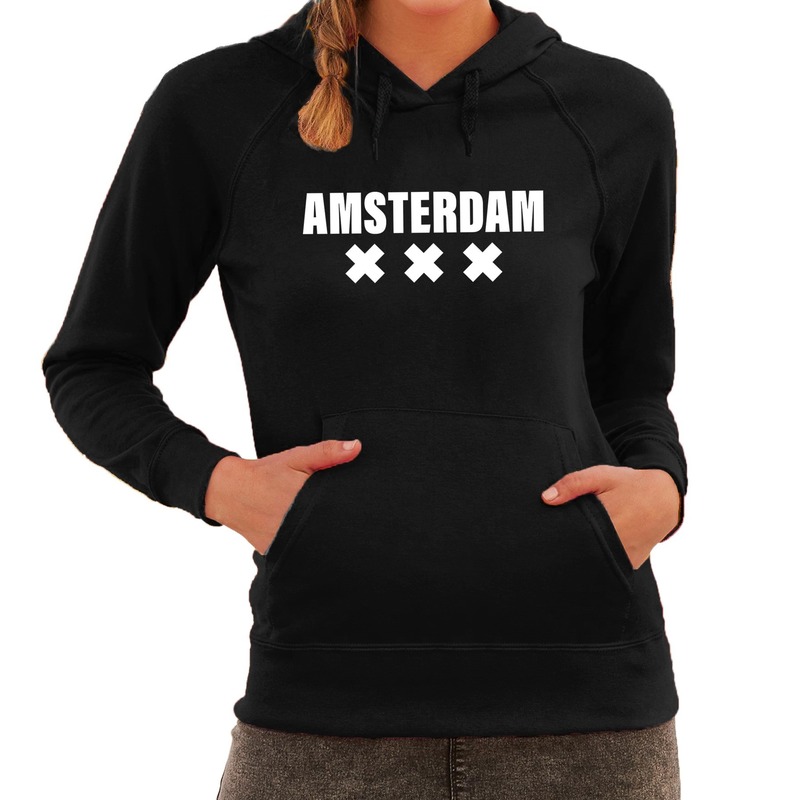 Zwarte trui met capuchon en Amsterdam bedrukking dames