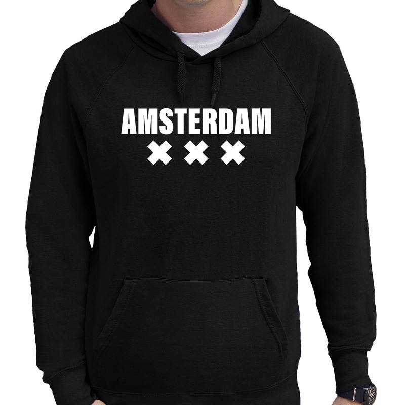 Zwarte trui met capuchon en Amsterdam bedrukking heren