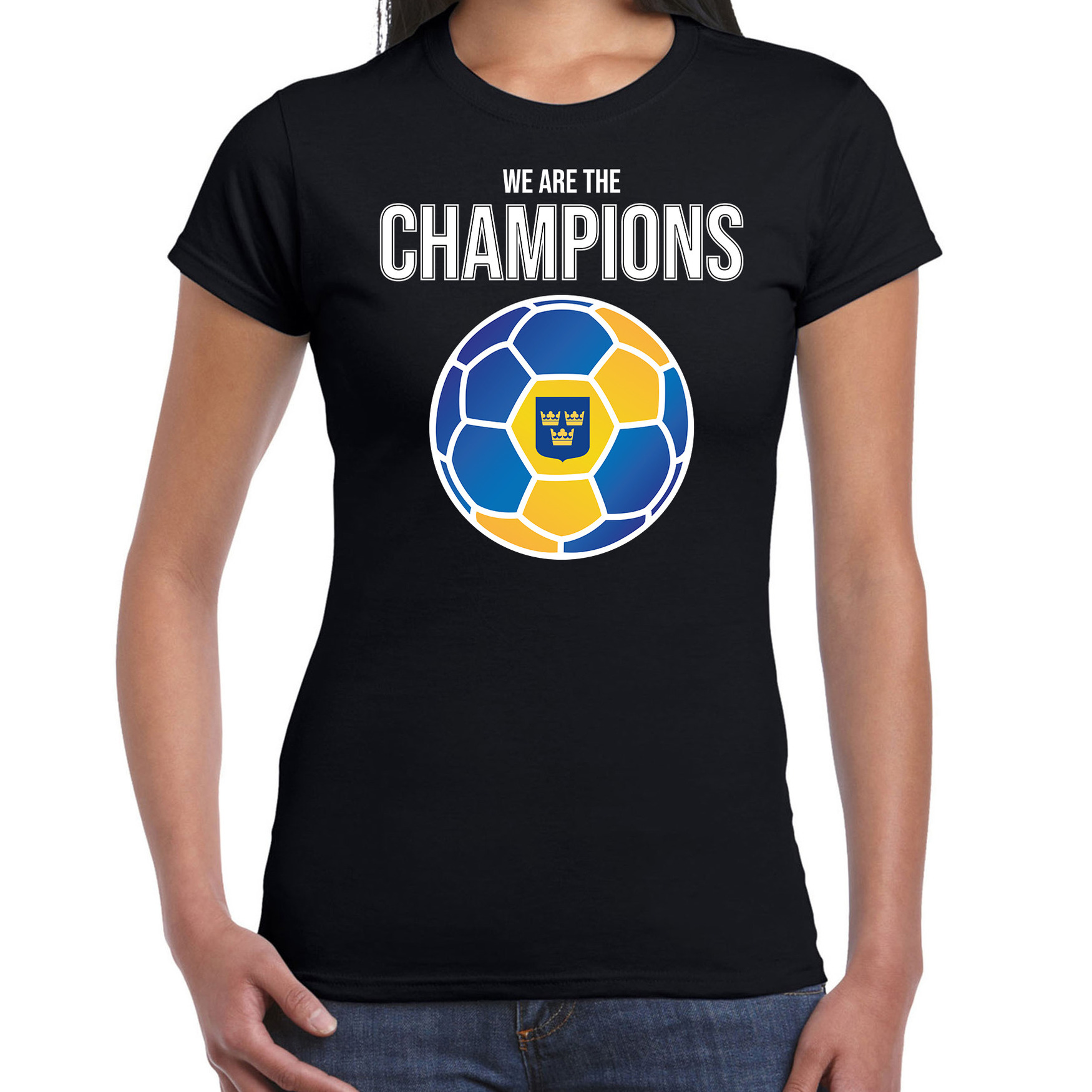 Zweden EK- WK supporter t-shirt we are the champions met Zweedse voetbal zwart dames