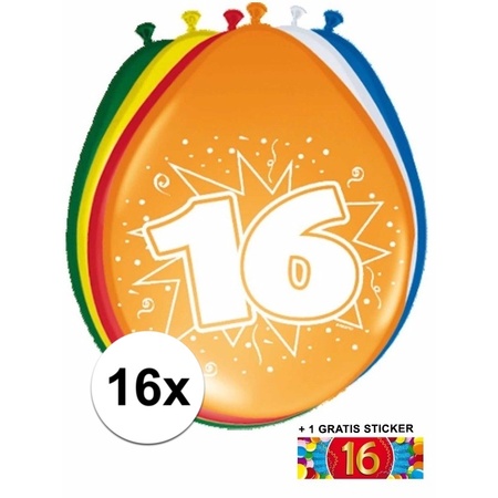 16 party ballonnen 16 jaar opdruk + sticker