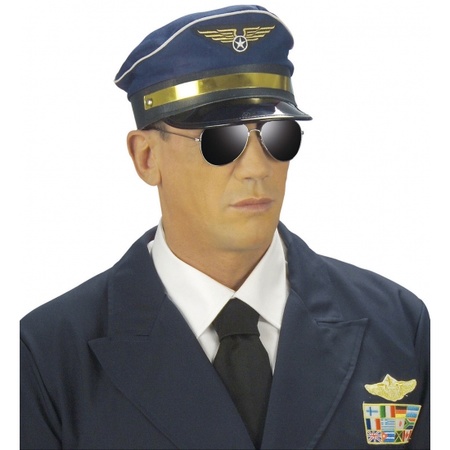 Carnaval verkleed set - pilotenpet - blauw - met epauletten/badge/zonnebril - heren/dames
